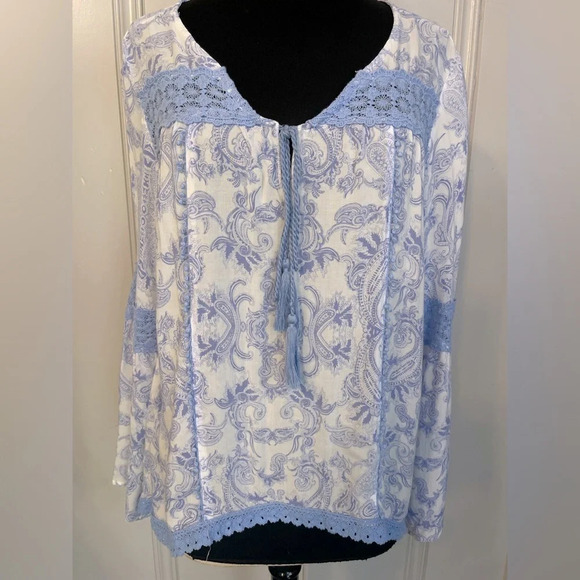 Surf‎ Gypsy BoHo Peasant Top 100% Rayon Shirt Crochet Bell Sleeve Size Medium - Picture 1 of 10